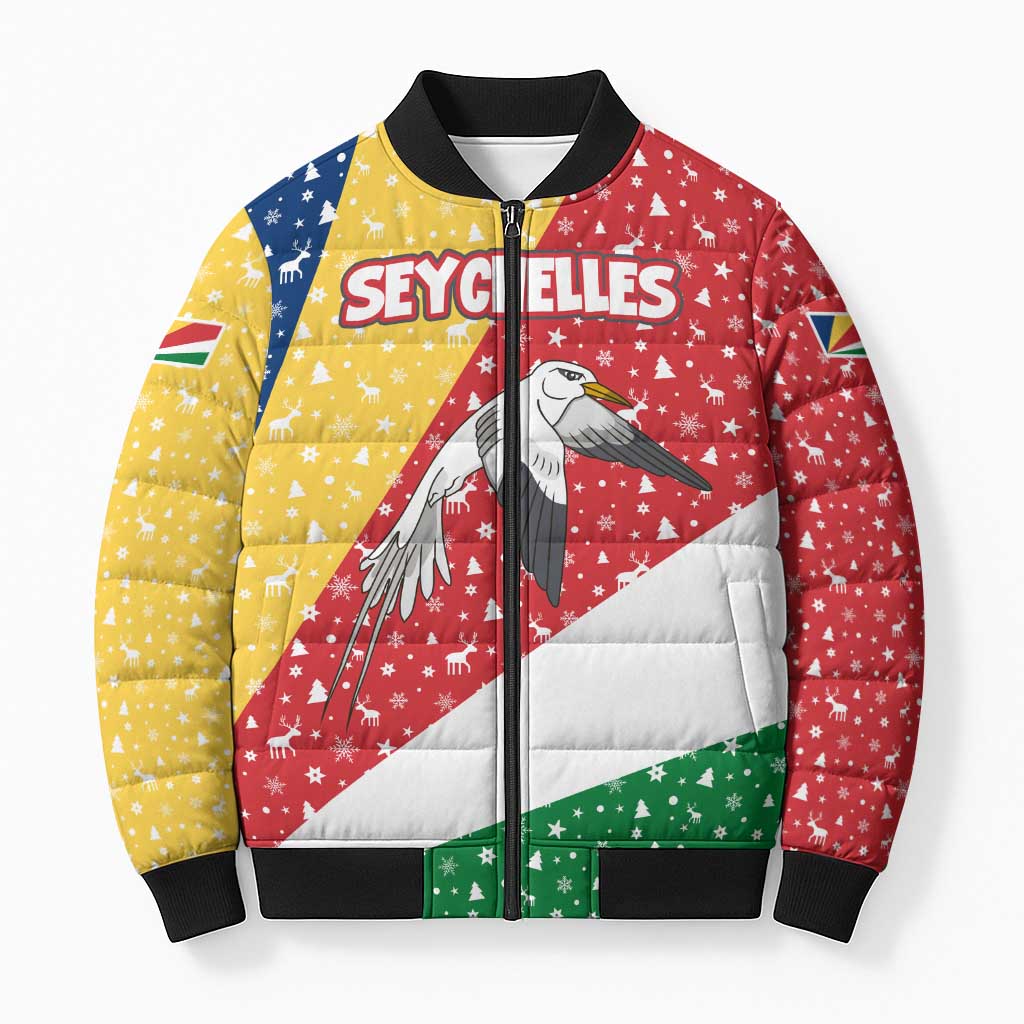 Seychelles Christmas Bomber Puffer Jacket with Flag Colors Pattern, Tropical Bird Motif, and National Coat of Arms - Wonder Print Shop