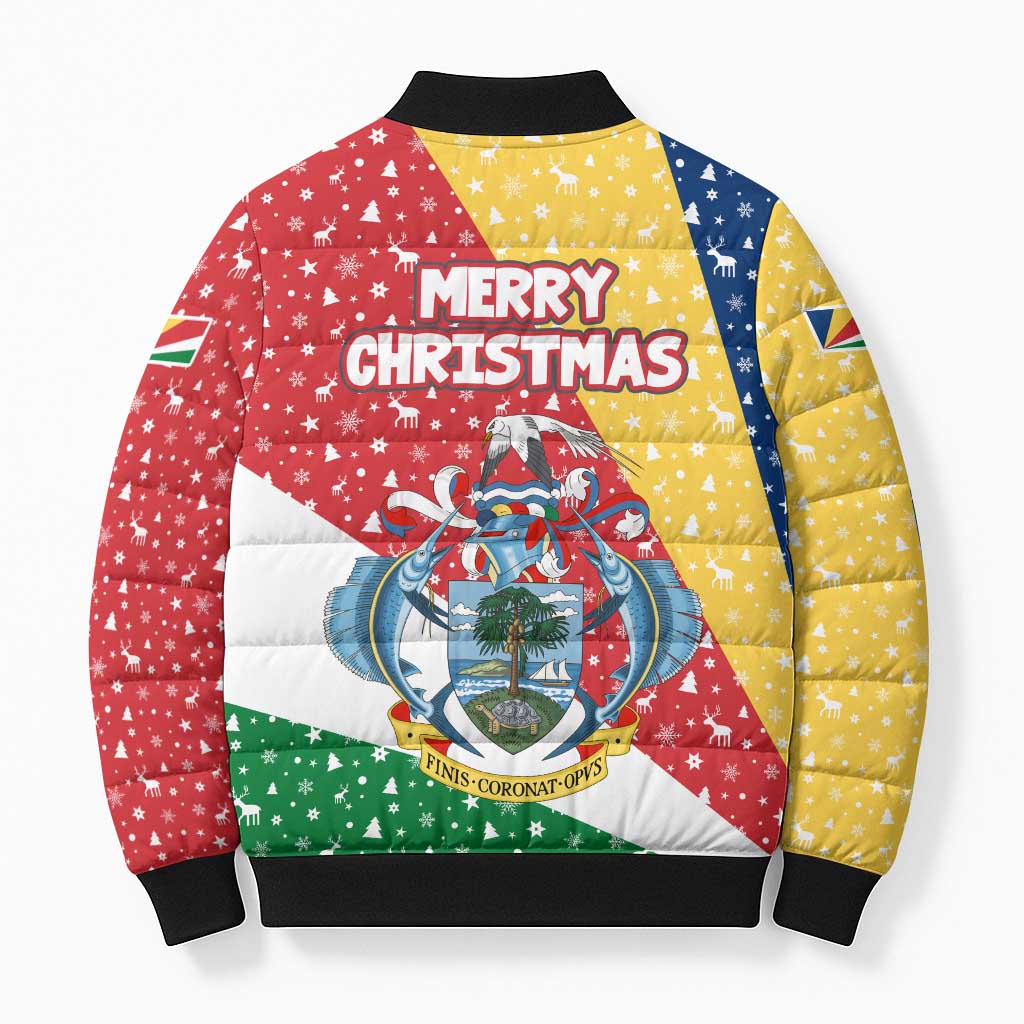 Seychelles Christmas Bomber Puffer Jacket with Flag Colors Pattern, Tropical Bird Motif, and National Coat of Arms - Wonder Print Shop