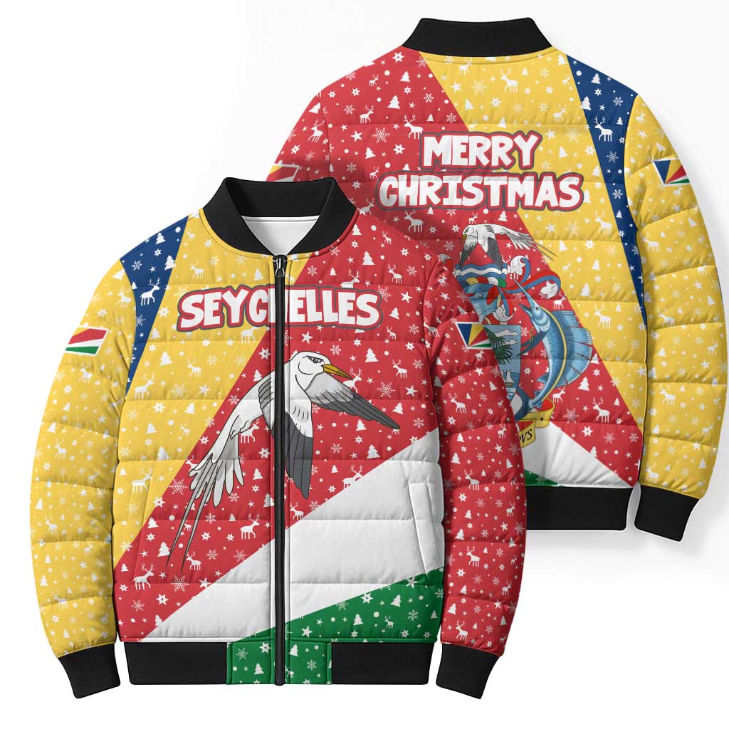 Seychelles Christmas Bomber Puffer Jacket with Flag Colors Pattern, Tropical Bird Motif, and National Coat of Arms - Wonder Print Shop