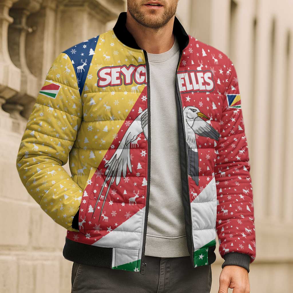 Seychelles Christmas Bomber Puffer Jacket with Flag Colors Pattern, Tropical Bird Motif, and National Coat of Arms - Wonder Print Shop