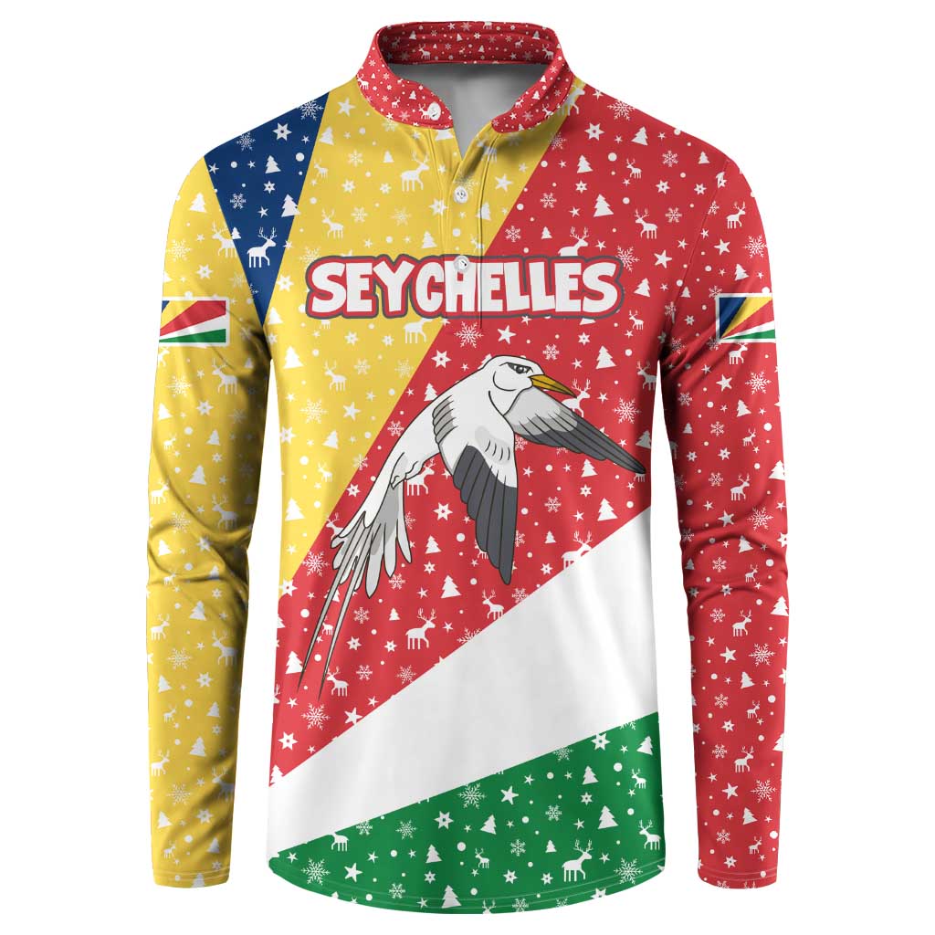 Seychelles Christmas Button Sweatshirt with Flag Colors Pattern, Tropical Bird Motif, and National Coat of Arms - Wonder Print Shop