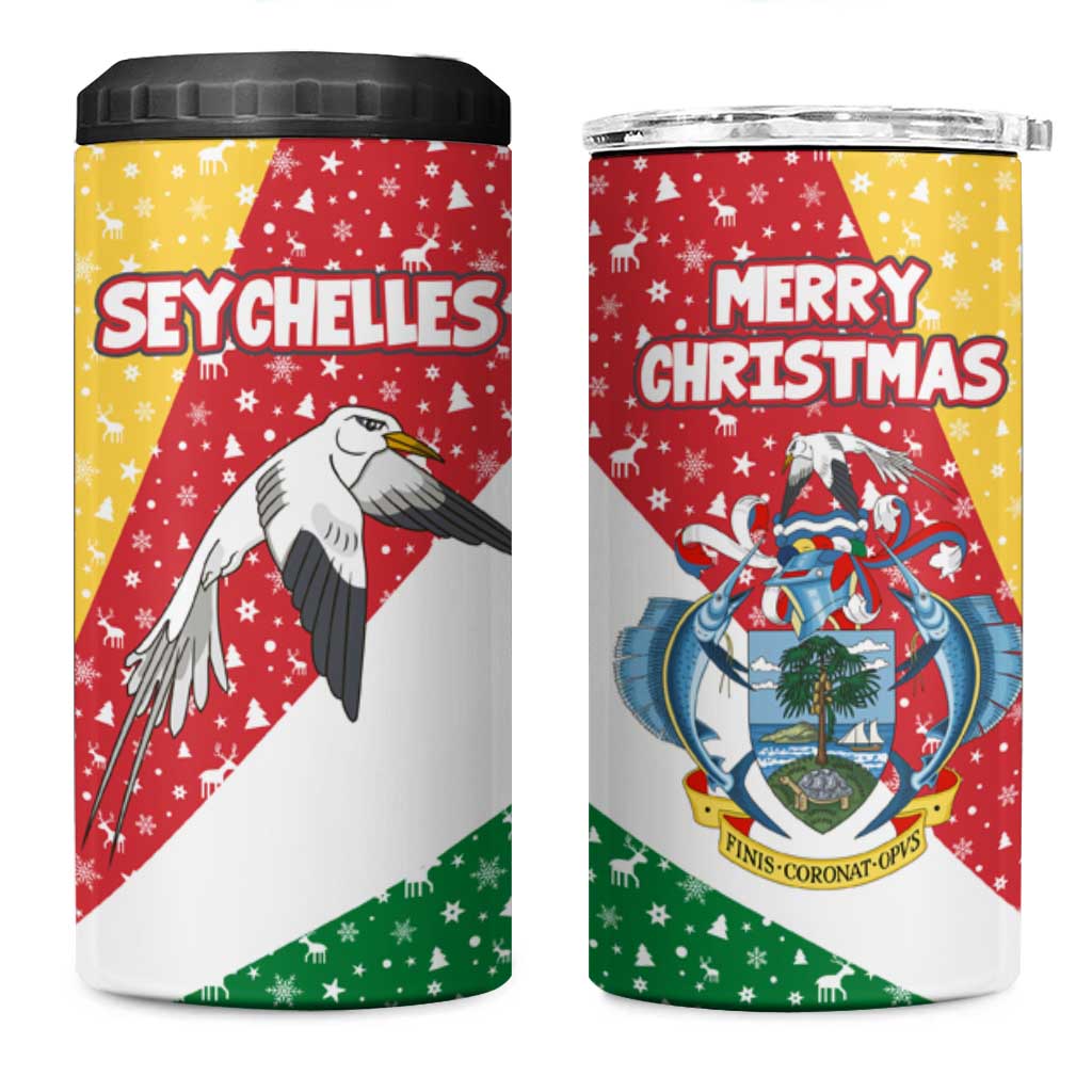 Seychelles Christmas 4 in 1 Can Cooler Tumbler with Flag Colors Pattern, Tropical Bird Motif, and National Coat of Arms - Wonder Print Shop