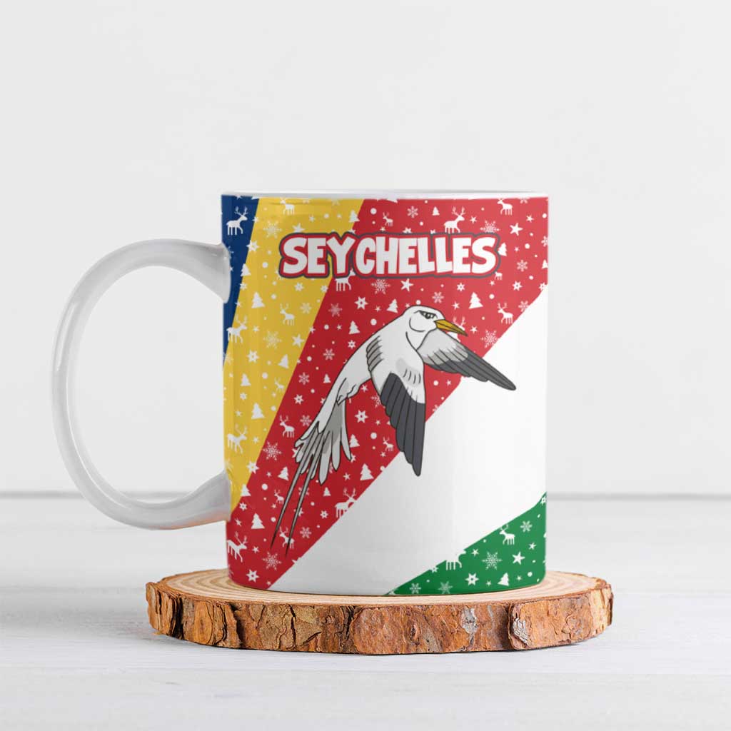 Seychelles Christmas Ceramic Mug with Flag Colors Pattern, Tropical Bird Motif, and National Coat of Arms - Wonder Print Shop