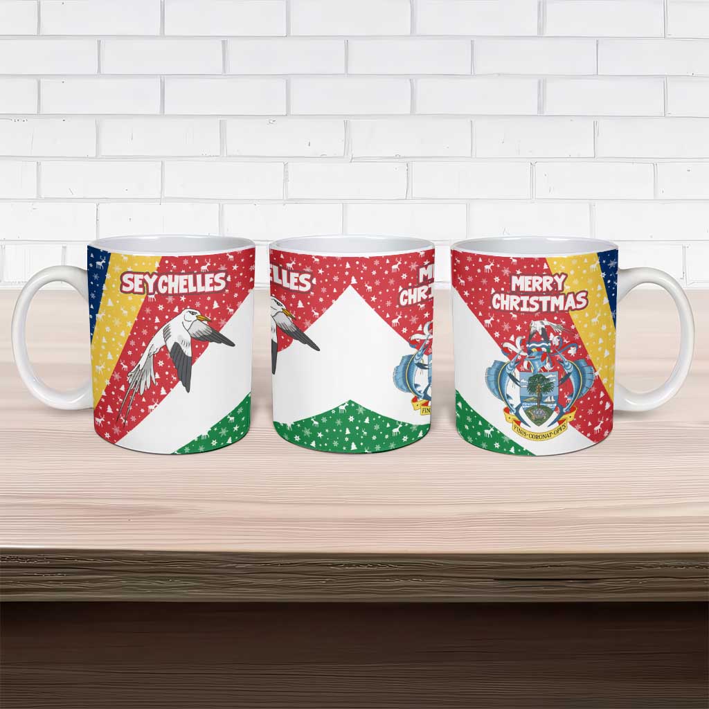 Seychelles Christmas Ceramic Mug with Flag Colors Pattern, Tropical Bird Motif, and National Coat of Arms - Wonder Print Shop