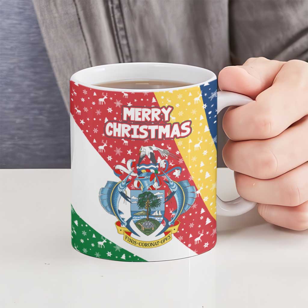 Seychelles Christmas Ceramic Mug with Flag Colors Pattern, Tropical Bird Motif, and National Coat of Arms - Wonder Print Shop