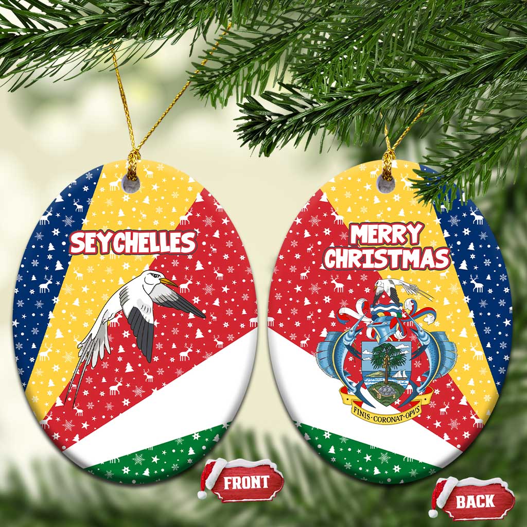 Seychelles Christmas Ceramic Ornament with Flag Colors Pattern, Tropical Bird Motif, and National Coat of Arms - Wonder Print Shop