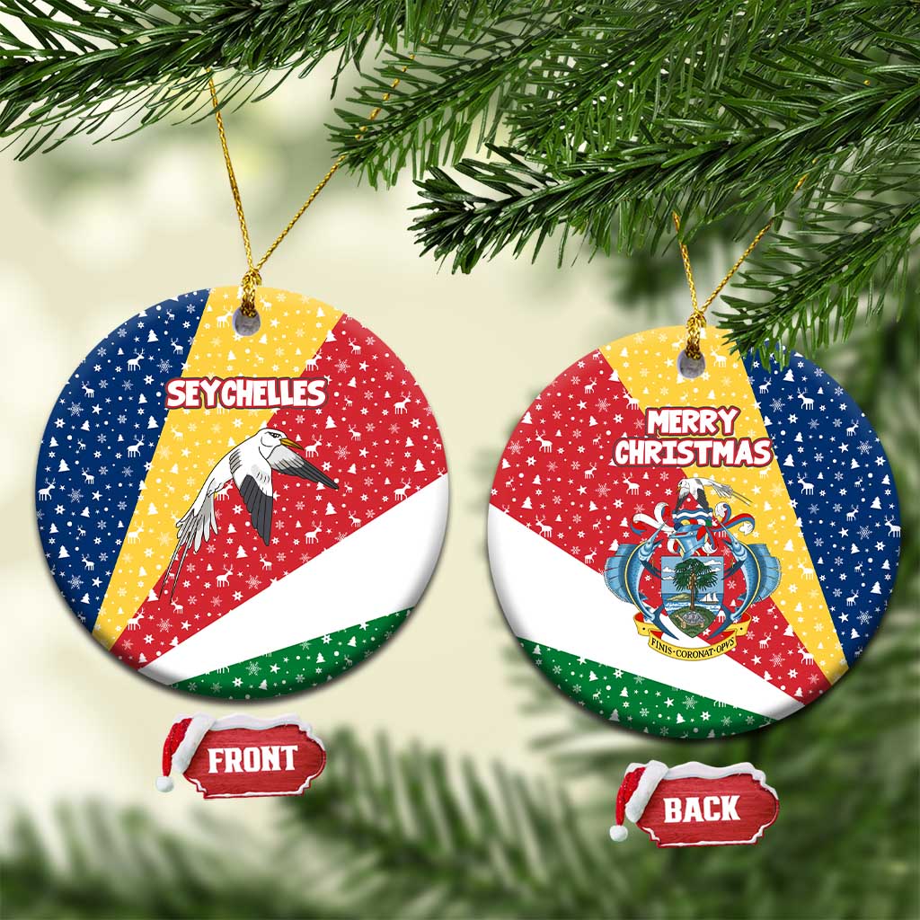 Seychelles Christmas Ceramic Ornament with Flag Colors Pattern, Tropical Bird Motif, and National Coat of Arms - Wonder Print Shop