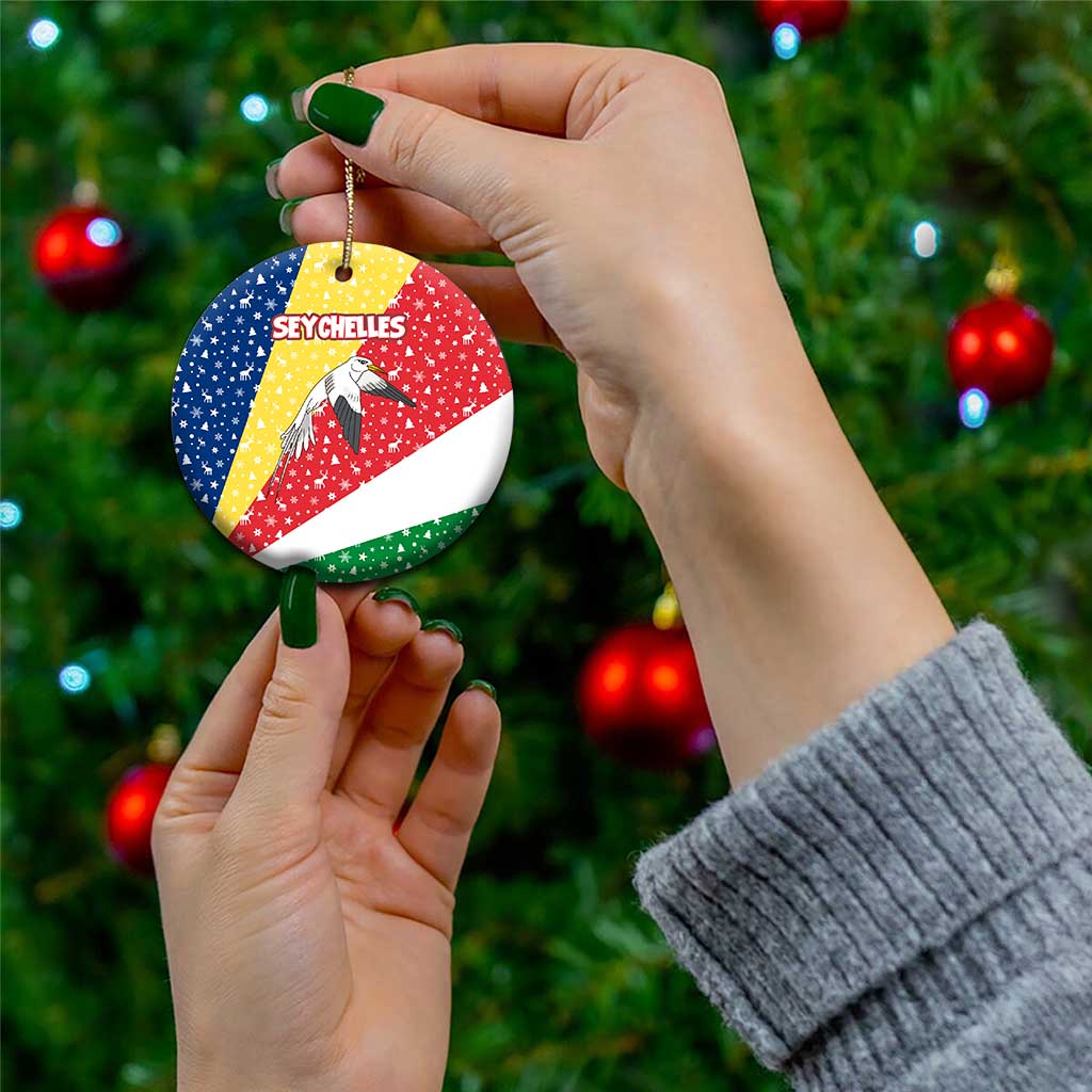 Seychelles Christmas Ceramic Ornament with Flag Colors Pattern, Tropical Bird Motif, and National Coat of Arms - Wonder Print Shop