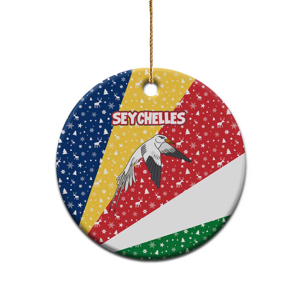 Seychelles Christmas Ceramic Ornament with Flag Colors Pattern, Tropical Bird Motif, and National Coat of Arms - Wonder Print Shop