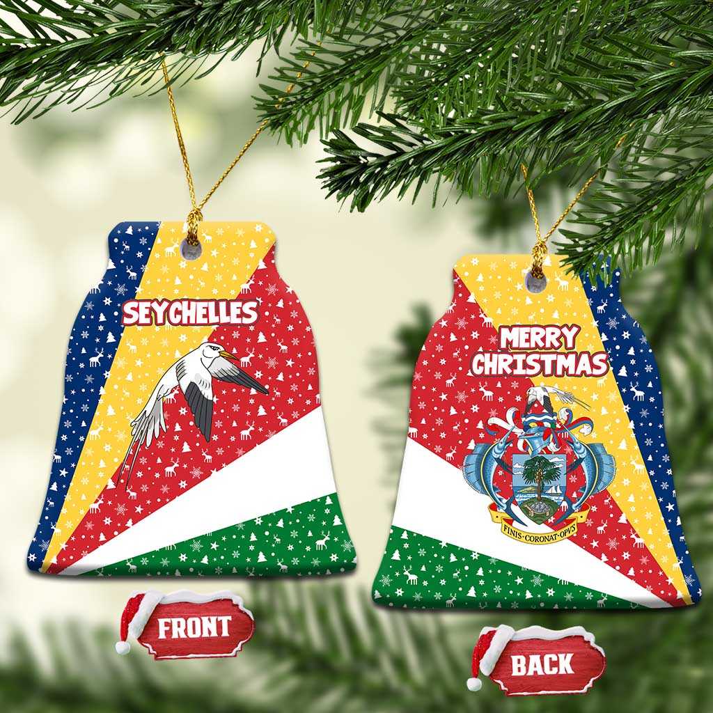 Seychelles Christmas Ceramic Ornament with Flag Colors Pattern, Tropical Bird Motif, and National Coat of Arms - Wonder Print Shop