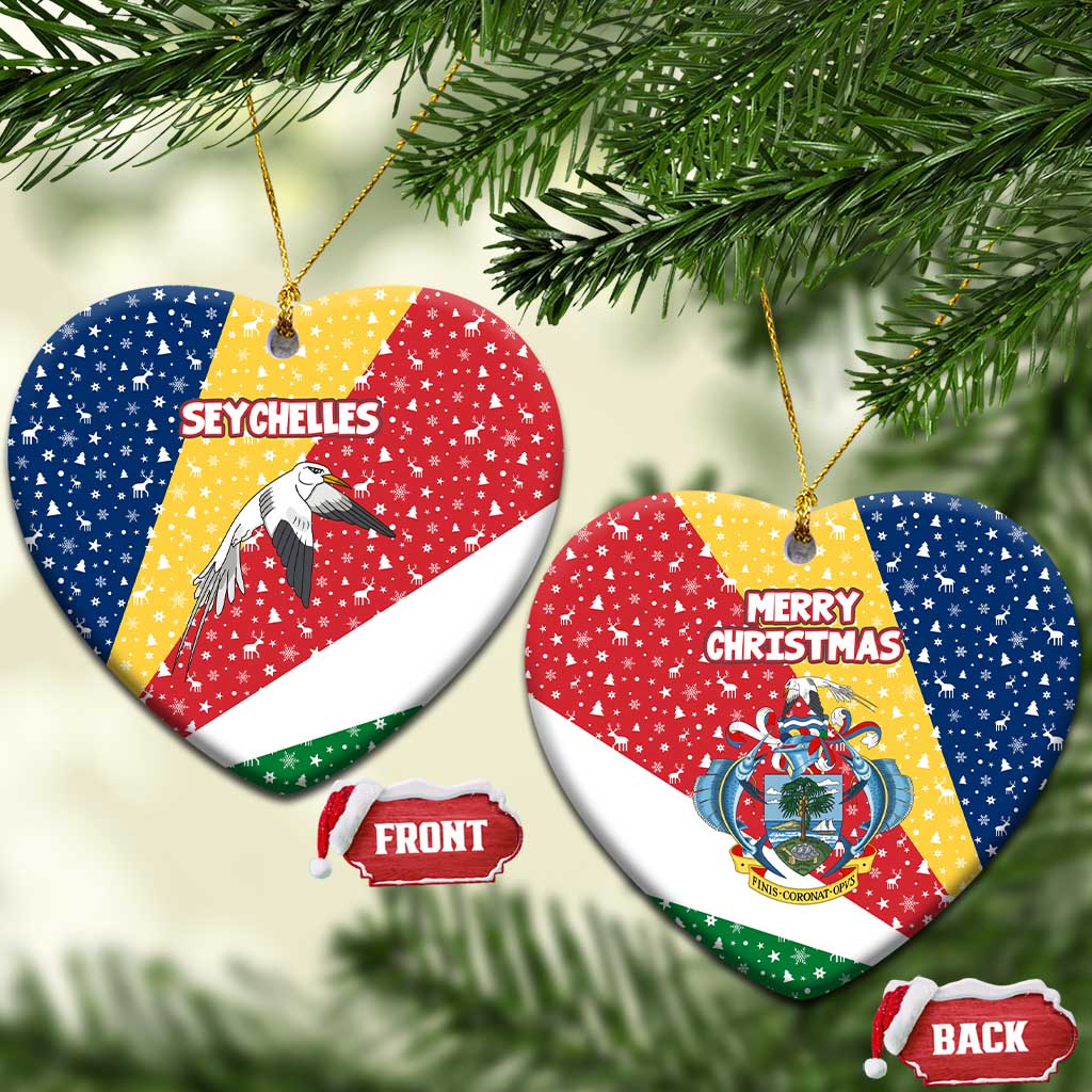 Seychelles Christmas Ceramic Ornament with Flag Colors Pattern, Tropical Bird Motif, and National Coat of Arms - Wonder Print Shop