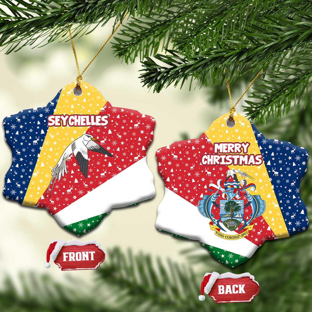 Seychelles Christmas Ceramic Ornament with Flag Colors Pattern, Tropical Bird Motif, and National Coat of Arms - Wonder Print Shop