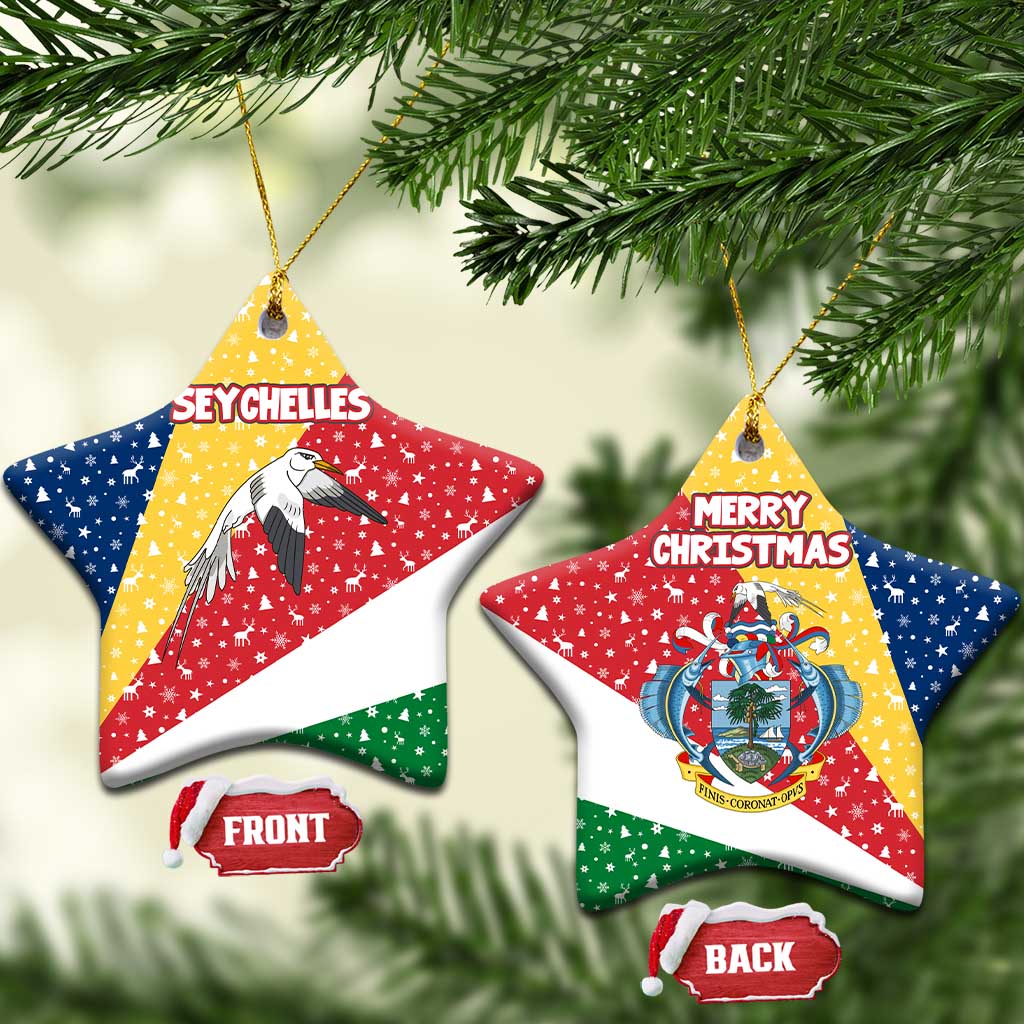 Seychelles Christmas Ceramic Ornament with Flag Colors Pattern, Tropical Bird Motif, and National Coat of Arms - Wonder Print Shop