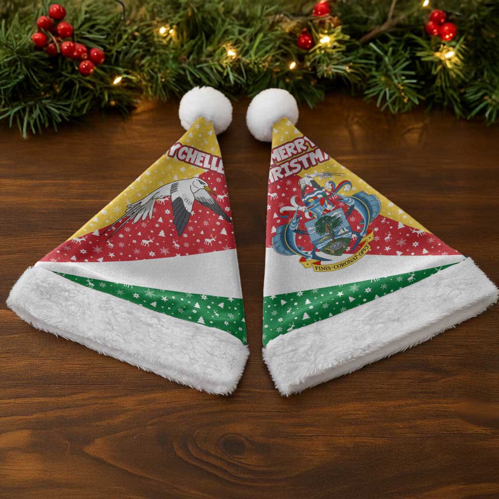 Seychelles Christmas Santa Hat with Flag Colors Pattern, Tropical Bird Motif, and National Coat of Arms - Wonder Print Shop