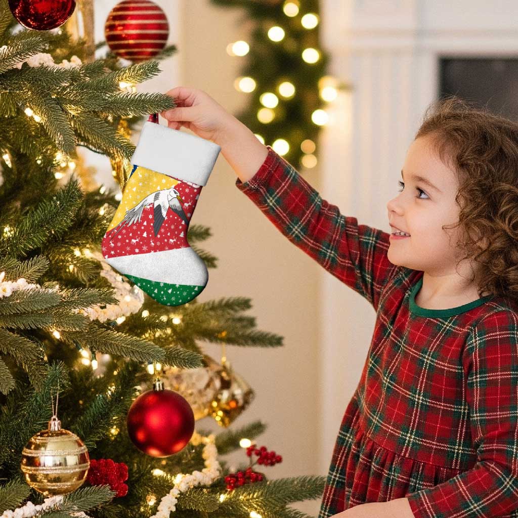 Seychelles Christmas Stocking with Flag Colors Pattern, Tropical Bird Motif, and National Coat of Arms - Wonder Print Shop