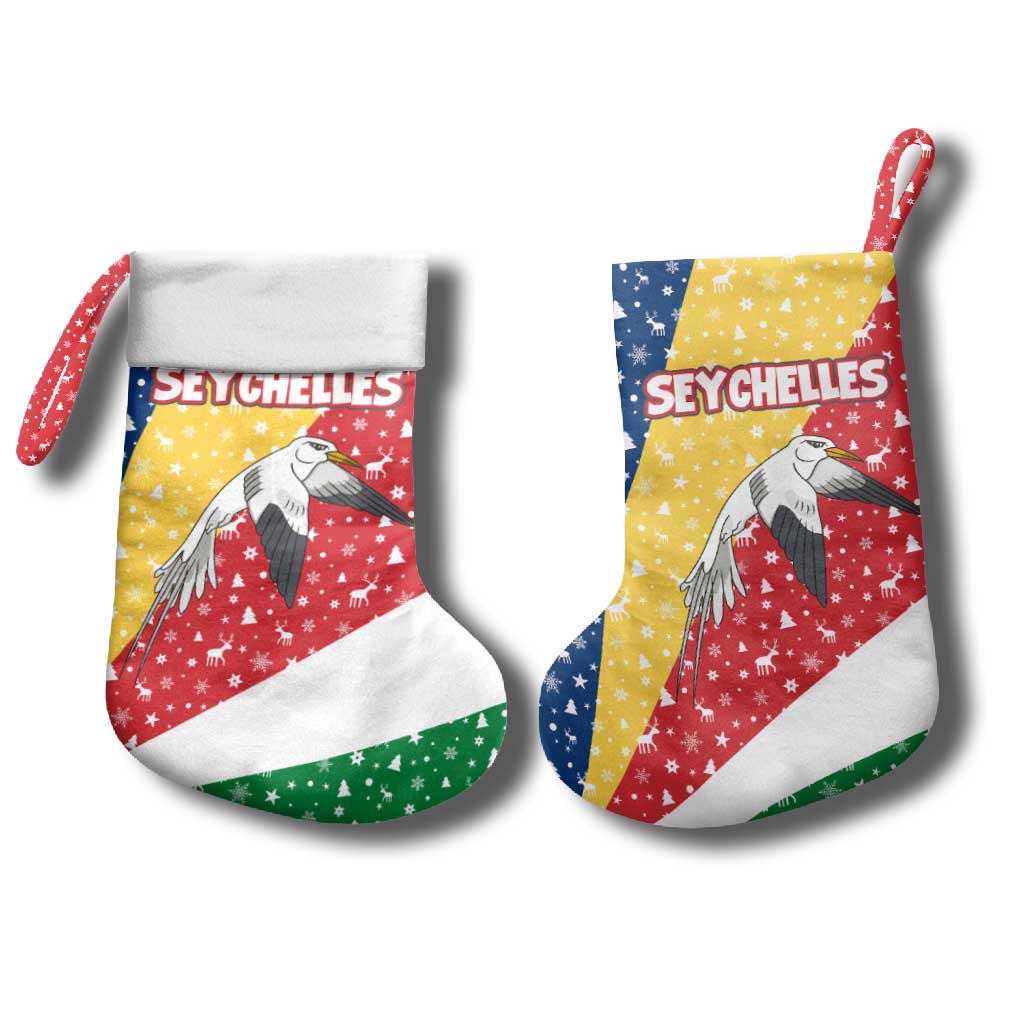 Seychelles Christmas Stocking with Flag Colors Pattern, Tropical Bird Motif, and National Coat of Arms - Wonder Print Shop