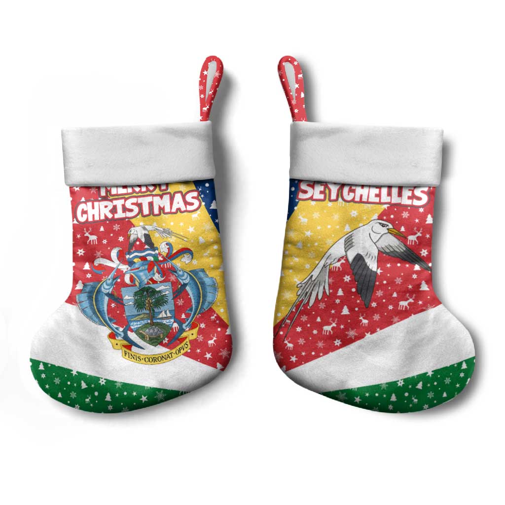 Seychelles Christmas Stocking with Flag Colors Pattern, Tropical Bird Motif, and National Coat of Arms - Wonder Print Shop