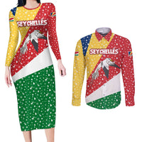 Seychelles Christmas Couples Matching Long Sleeve Bodycon Dress and Long Sleeve Button Shirt with Flag Colors Pattern, Tropical Bird Motif, and National Coat of Arms - Wonder Print Shop