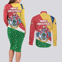 Seychelles Christmas Couples Matching Long Sleeve Bodycon Dress and Long Sleeve Button Shirt with Flag Colors Pattern, Tropical Bird Motif, and National Coat of Arms - Wonder Print Shop