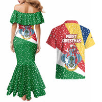 Seychelles Christmas Couples Matching Mermaid Dress and Hawaiian Shirt with Flag Colors Pattern, Tropical Bird Motif, and National Coat of Arms - Wonder Print Shop