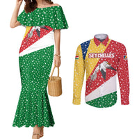 Seychelles Christmas Couples Matching Mermaid Dress and Long Sleeve Button Shirt with Flag Colors Pattern, Tropical Bird Motif, and National Coat of Arms - Wonder Print Shop