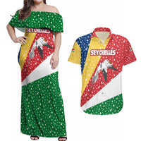 Seychelles Christmas Couples Matching Off Shoulder Maxi Dress and Hawaiian Shirt with Flag Colors Pattern, Tropical Bird Motif, and National Coat of Arms - Wonder Print Shop