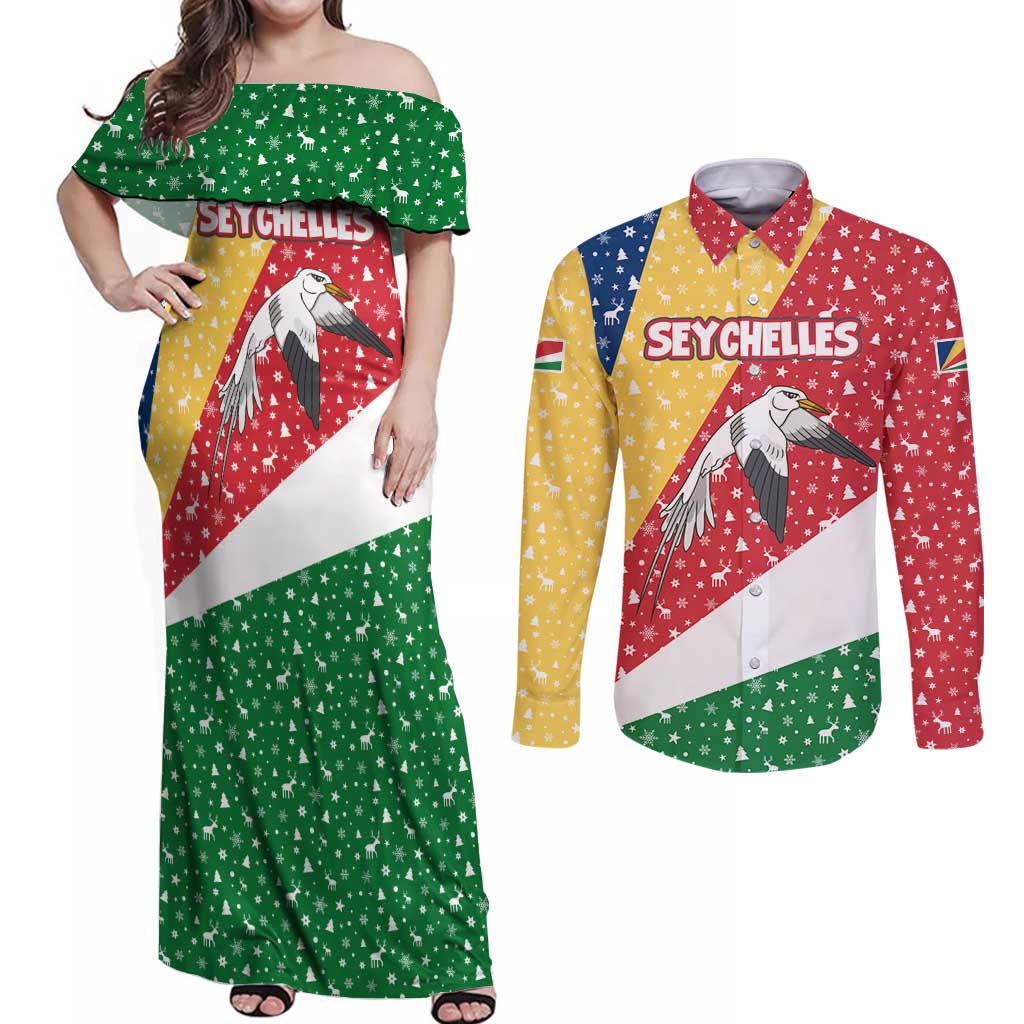 Seychelles Christmas Couples Matching Off Shoulder Maxi Dress and Long Sleeve Button Shirt with Flag Colors Pattern, Tropical Bird Motif, and National Coat of Arms - Wonder Print Shop