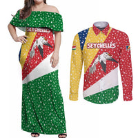 Seychelles Christmas Couples Matching Off Shoulder Maxi Dress and Long Sleeve Button Shirt with Flag Colors Pattern, Tropical Bird Motif, and National Coat of Arms - Wonder Print Shop