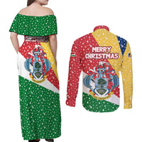 Seychelles Christmas Couples Matching Off Shoulder Maxi Dress and Long Sleeve Button Shirt with Flag Colors Pattern, Tropical Bird Motif, and National Coat of Arms - Wonder Print Shop