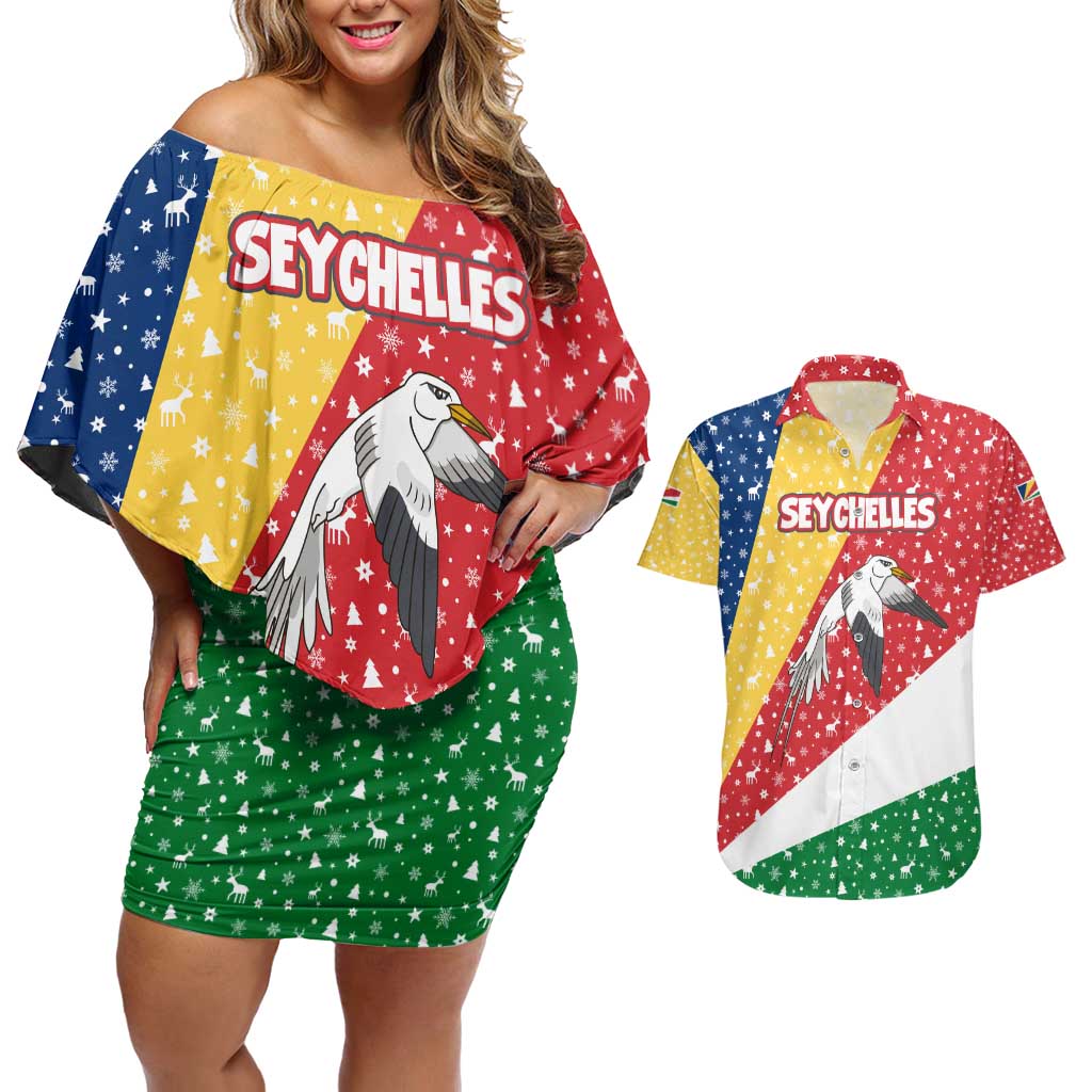 Seychelles Christmas Couples Matching Off Shoulder Short Dress and Hawaiian Shirt with Flag Colors Pattern, Tropical Bird Motif, and National Coat of Arms - Wonder Print Shop
