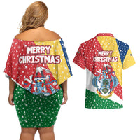 Seychelles Christmas Couples Matching Off Shoulder Short Dress and Hawaiian Shirt with Flag Colors Pattern, Tropical Bird Motif, and National Coat of Arms - Wonder Print Shop