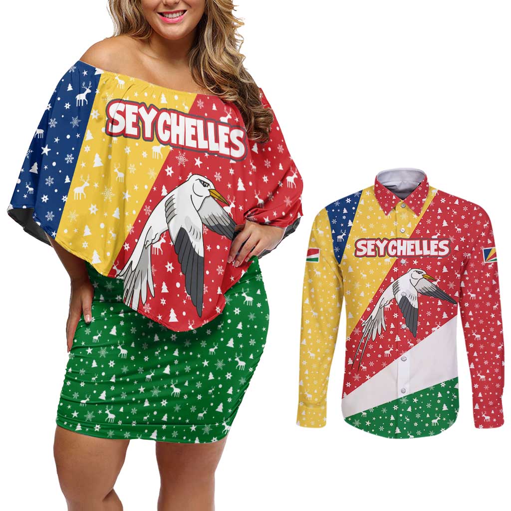 Seychelles Christmas Couples Matching Off Shoulder Short Dress and Long Sleeve Button Shirt with Flag Colors Pattern, Tropical Bird Motif, and National Coat of Arms - Wonder Print Shop