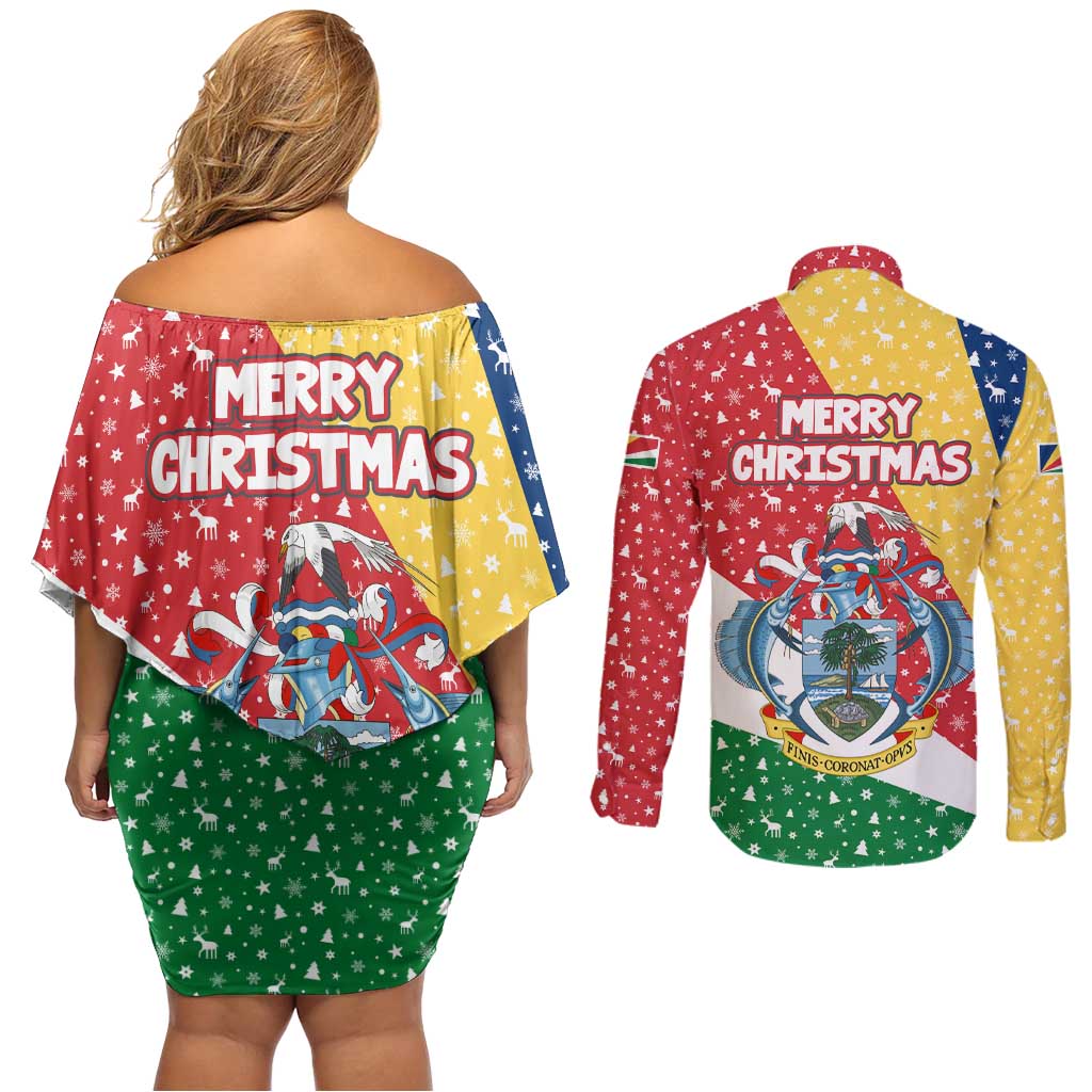 Seychelles Christmas Couples Matching Off Shoulder Short Dress and Long Sleeve Button Shirt with Flag Colors Pattern, Tropical Bird Motif, and National Coat of Arms - Wonder Print Shop