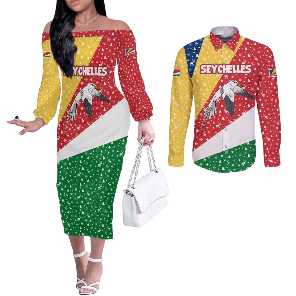Seychelles Christmas Couples Matching Off The Shoulder Long Sleeve Dress and Long Sleeve Button Shirt with Flag Colors Pattern, Tropical Bird Motif, and National Coat of Arms - Wonder Print Shop