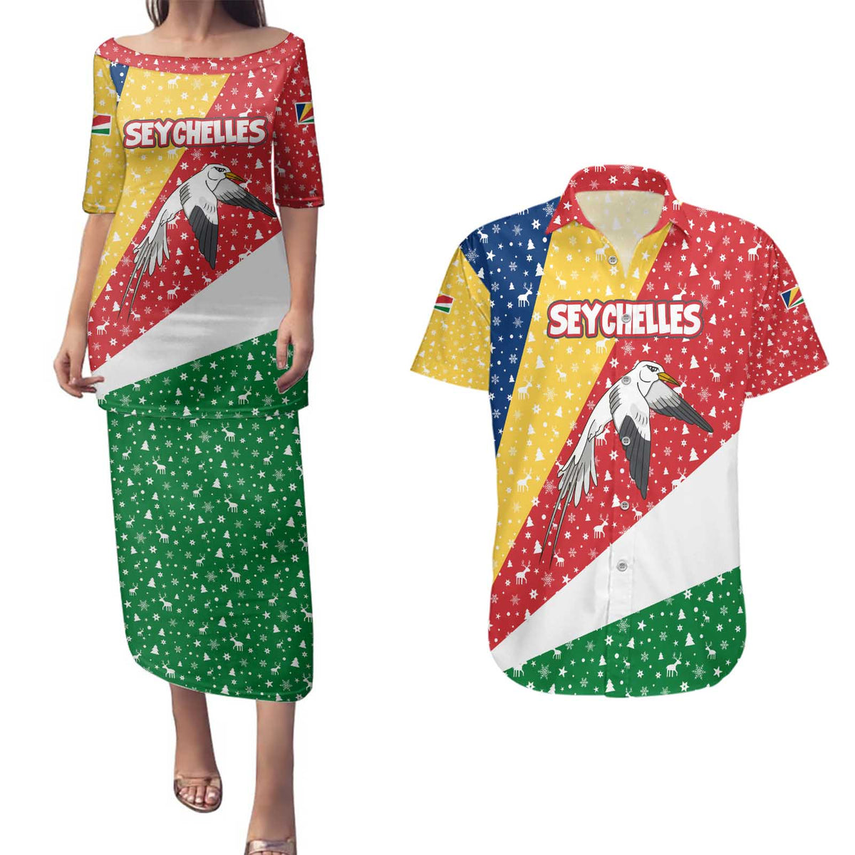 Seychelles Christmas Couples Matching Puletasi and Hawaiian Shirt with Flag Colors Pattern, Tropical Bird Motif, and National Coat of Arms - Wonder Print Shop
