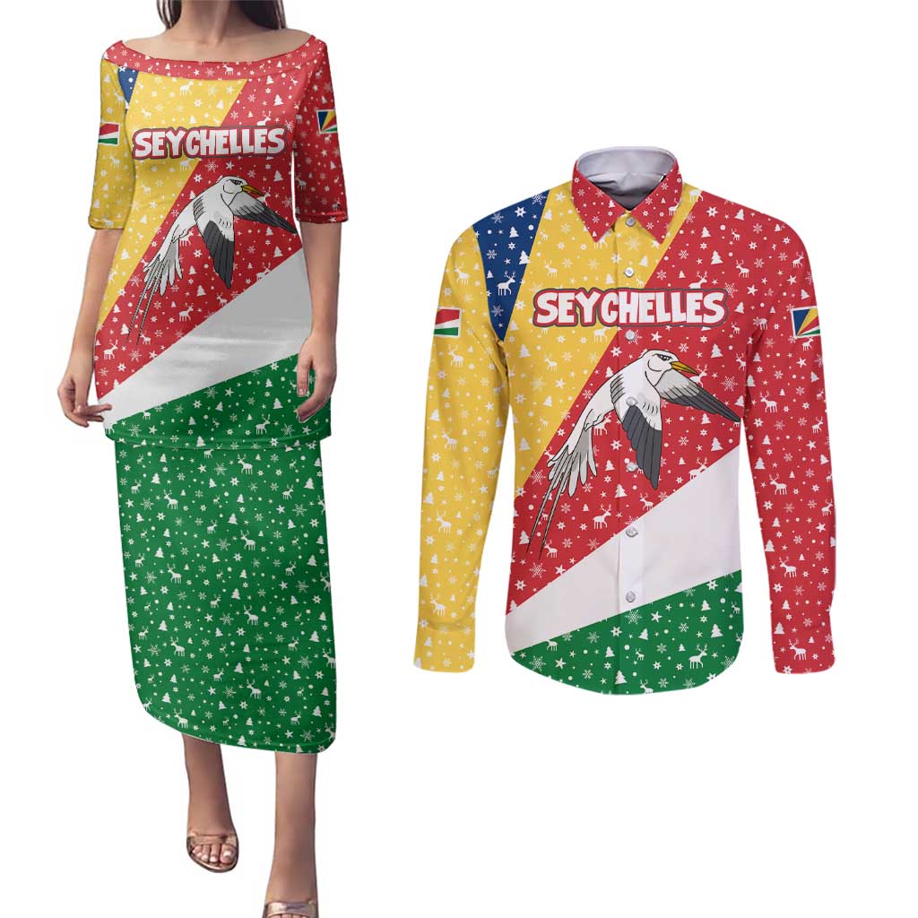 Seychelles Christmas Couples Matching Puletasi and Long Sleeve Button Shirt with Flag Colors Pattern, Tropical Bird Motif, and National Coat of Arms - Wonder Print Shop