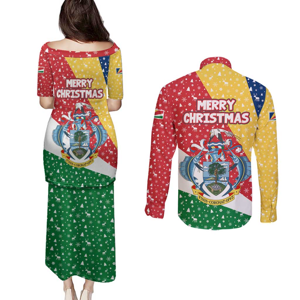 Seychelles Christmas Couples Matching Puletasi and Long Sleeve Button Shirt with Flag Colors Pattern, Tropical Bird Motif, and National Coat of Arms - Wonder Print Shop
