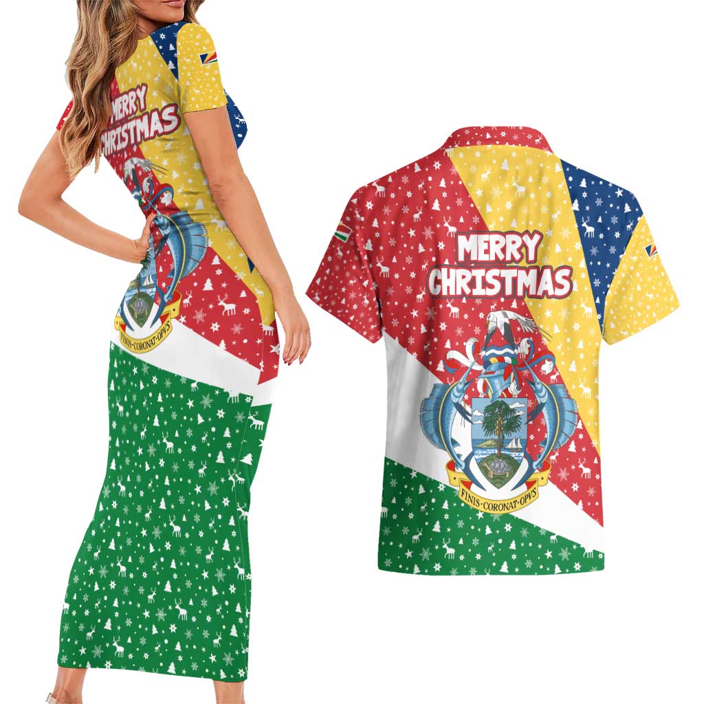 Seychelles Christmas Couples Matching Short Sleeve Bodycon Dress and Hawaiian Shirt with Flag Colors Pattern, Tropical Bird Motif, and National Coat of Arms - Wonder Print Shop
