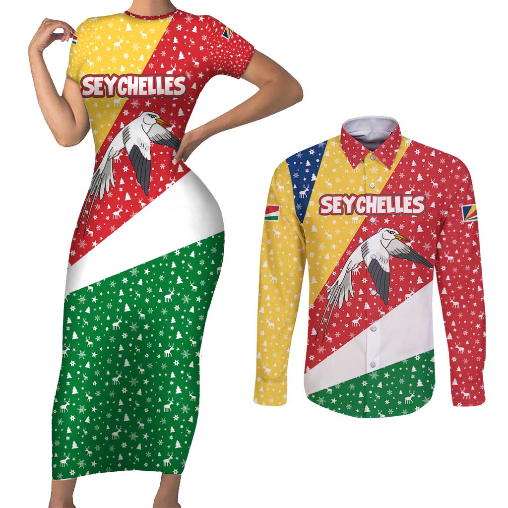 Seychelles Christmas Couples Matching Short Sleeve Bodycon Dress and Long Sleeve Button Shirt with Flag Colors Pattern, Tropical Bird Motif, and National Coat of Arms - Wonder Print Shop