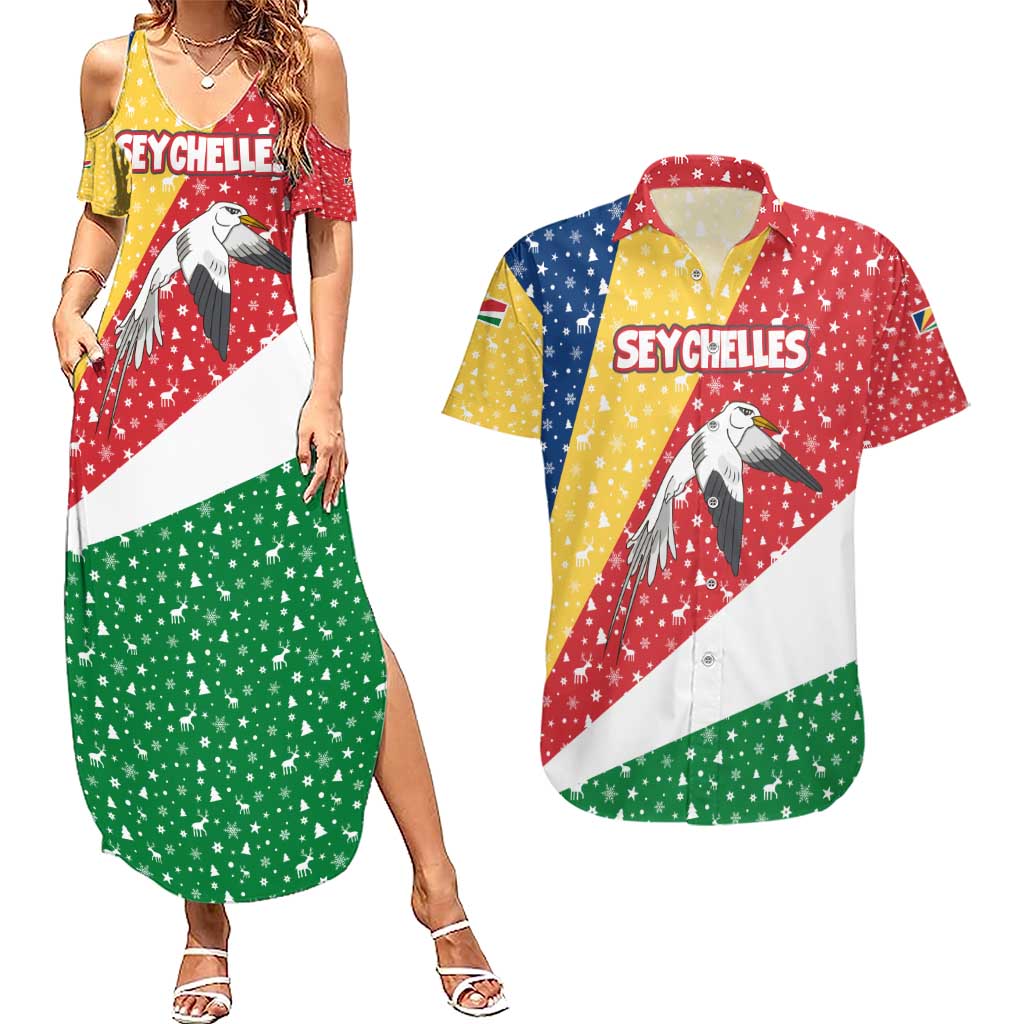 Seychelles Christmas Couples Matching Summer Maxi Dress and Hawaiian Shirt with Flag Colors Pattern, Tropical Bird Motif, and National Coat of Arms - Wonder Print Shop