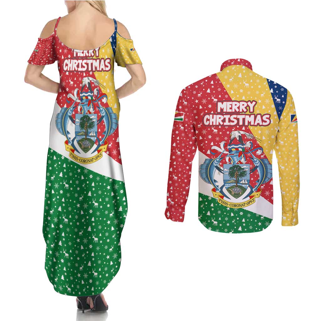 Seychelles Christmas Couples Matching Summer Maxi Dress and Long Sleeve Button Shirt with Flag Colors Pattern, Tropical Bird Motif, and National Coat of Arms - Wonder Print Shop