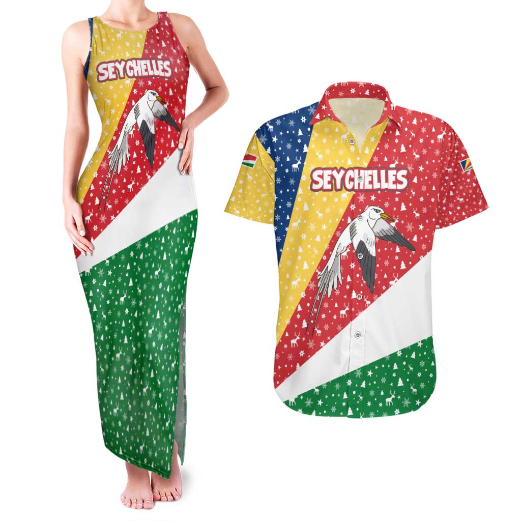 Seychelles Christmas Couples Matching Tank Maxi Dress and Hawaiian Shirt with Flag Colors Pattern, Tropical Bird Motif, and National Coat of Arms - Wonder Print Shop