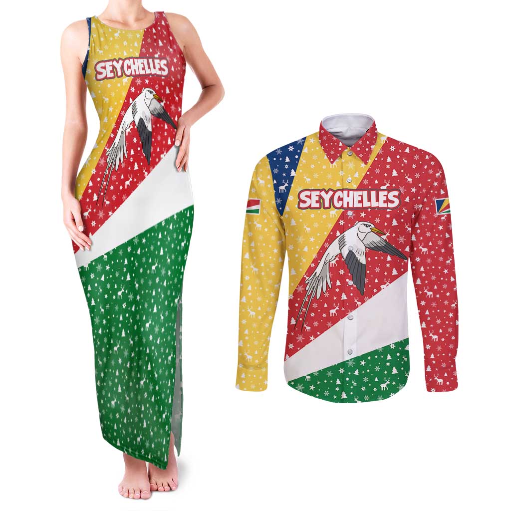 Seychelles Christmas Couples Matching Tank Maxi Dress and Long Sleeve Button Shirt with Flag Colors Pattern, Tropical Bird Motif, and National Coat of Arms - Wonder Print Shop