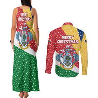 Seychelles Christmas Couples Matching Tank Maxi Dress and Long Sleeve Button Shirt with Flag Colors Pattern, Tropical Bird Motif, and National Coat of Arms - Wonder Print Shop