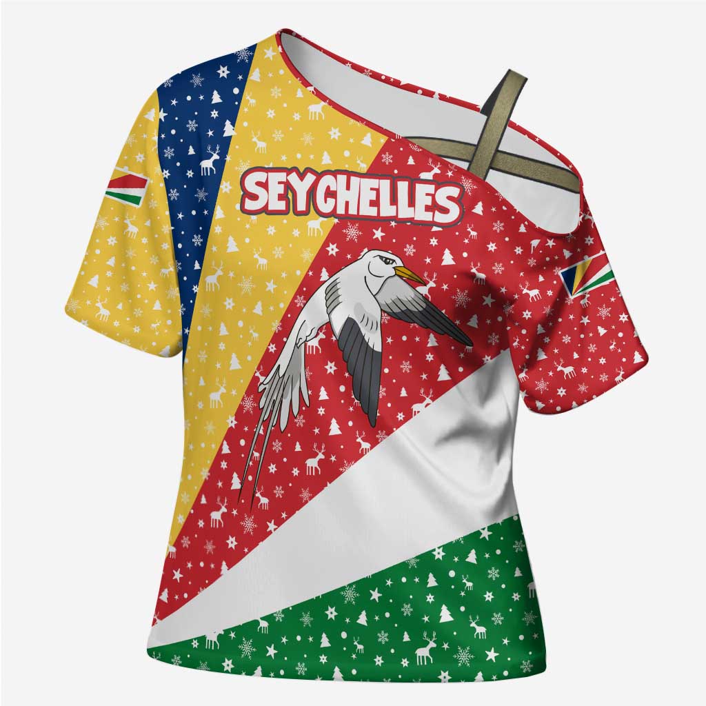 Seychelles Christmas Cross Shoulder Shirt with Flag Colors Pattern, Tropical Bird Motif, and National Coat of Arms - Wonder Print Shop