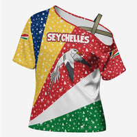 Seychelles Christmas Cross Shoulder Shirt with Flag Colors Pattern, Tropical Bird Motif, and National Coat of Arms - Wonder Print Shop