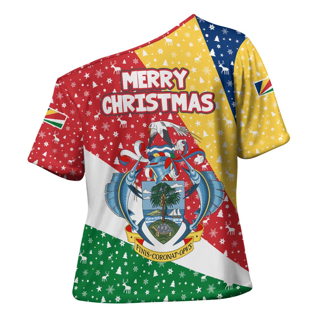 Seychelles Christmas Cross Shoulder Shirt with Flag Colors Pattern, Tropical Bird Motif, and National Coat of Arms - Wonder Print Shop