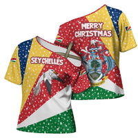 Seychelles Christmas Cross Shoulder Shirt with Flag Colors Pattern, Tropical Bird Motif, and National Coat of Arms - Wonder Print Shop
