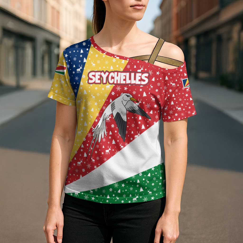 Seychelles Christmas Cross Shoulder Shirt with Flag Colors Pattern, Tropical Bird Motif, and National Coat of Arms - Wonder Print Shop