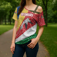Seychelles Christmas Cross Shoulder Shirt with Flag Colors Pattern, Tropical Bird Motif, and National Coat of Arms - Wonder Print Shop